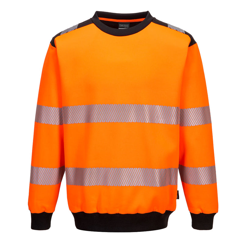 Front view of the Portwest PW3 Hi-Vis Sweatshirt in orange and navy blue.