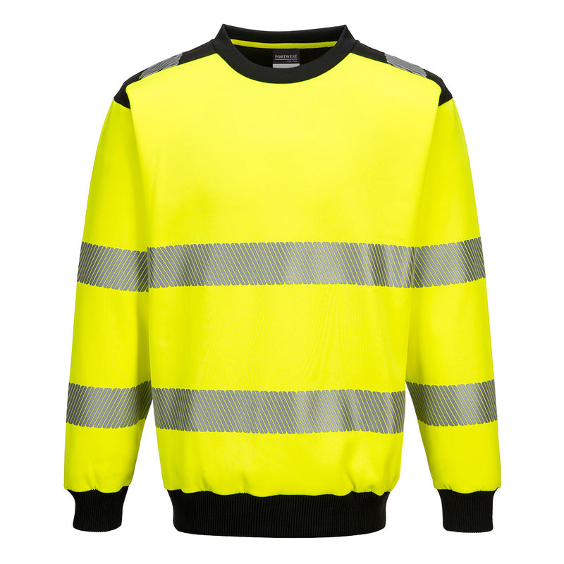 Front view of the Portwest PW3 Hi-Vis Sweatshirt in yellow and navy blue.