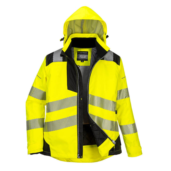 Front view of the Portwest PW3 Hi-Vis Women's Winter Jacket in yellow and black.