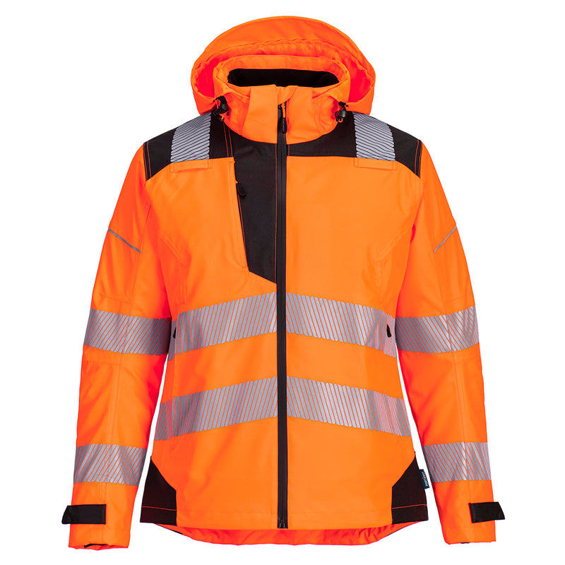 Front view of the Portwest PW3 Hi-Vis Women's Rain Jacket in orange and black.