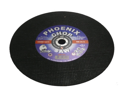 Abracs Phoenix II 350mm flat profile cutting disc for metal, next to a stone disc.
