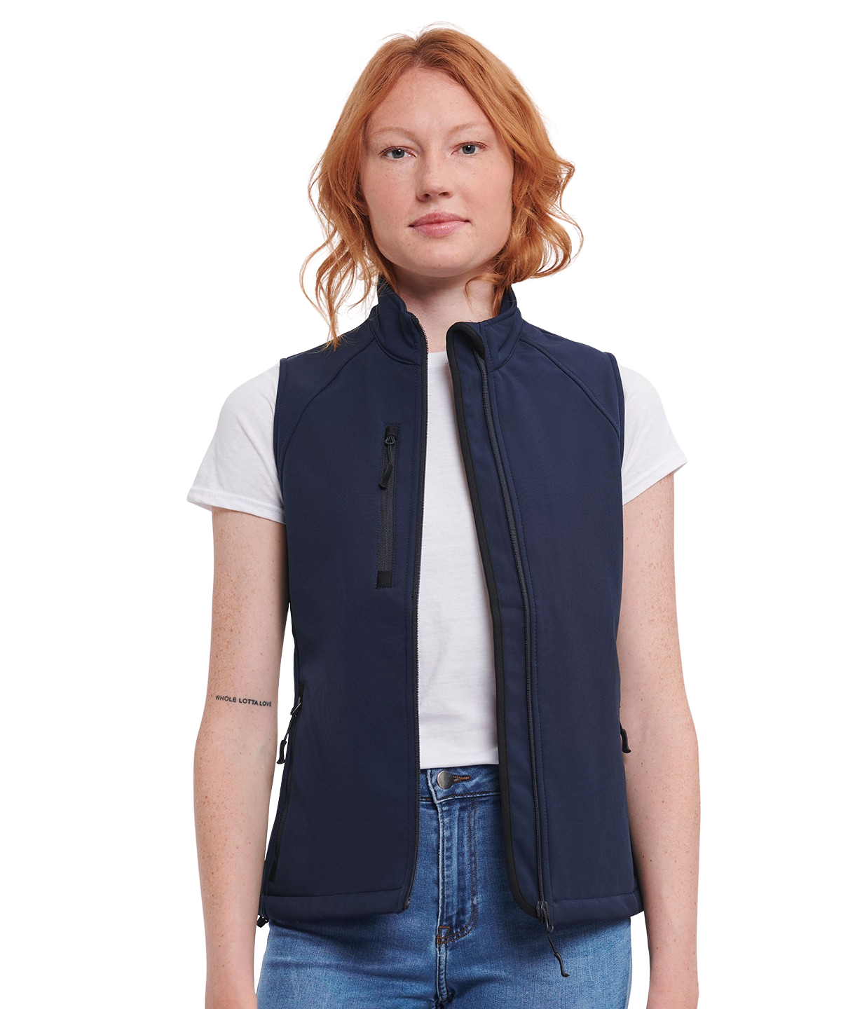 A lady wearing Russell Ladies Softshell Gilet