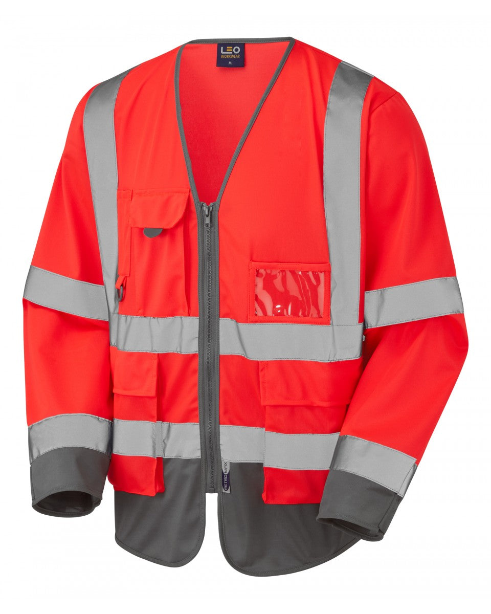 Leo Workwear Wrafton Iso 20471 Cl 3 Superior Sleeved Vest - HV Red/Grey