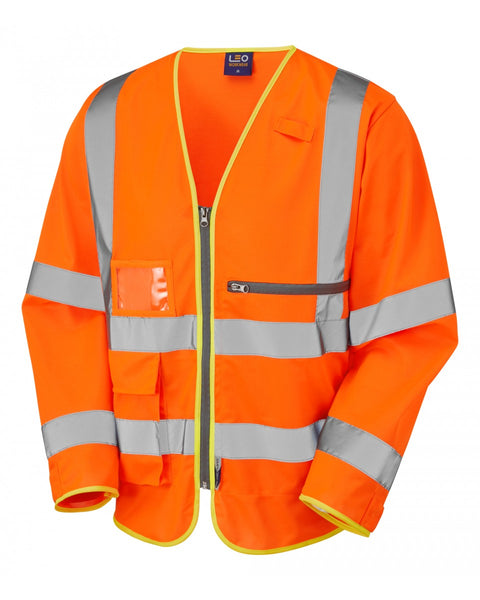 Hi-vis orange Leo Workwear Heddon sleeved waistcoat with a large tablet pocket for modern utility.