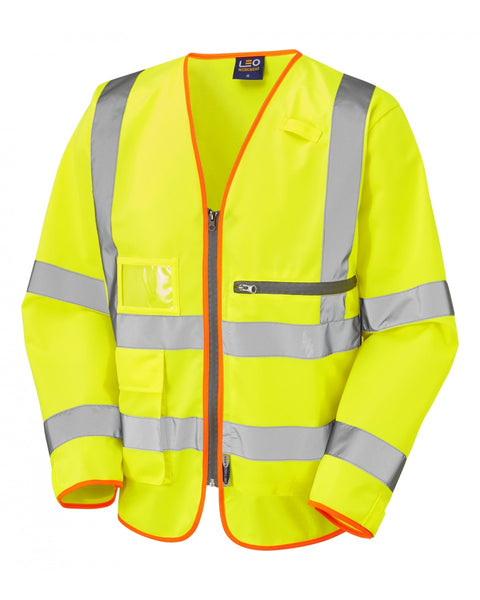 Leo Workwear Heddon long-sleeved waistcoat in hi-vis yellow, featuring a tablet pocket and zip front.
