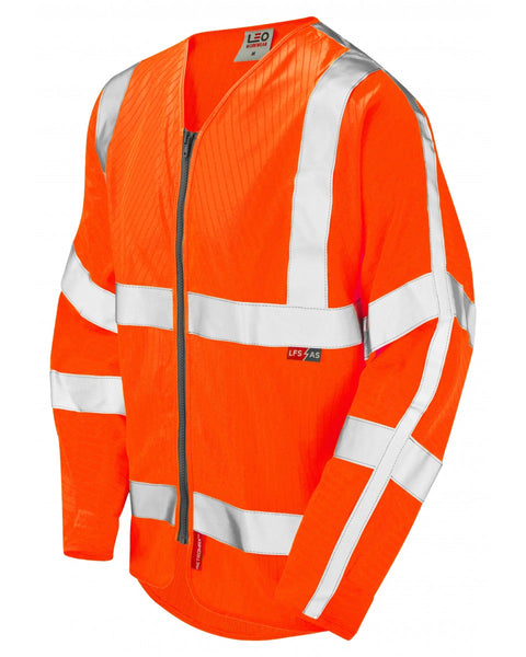 Leo Workwear Huish sleeved zip shirt in hi-vis orange with anti-static and flame-retardant properties.