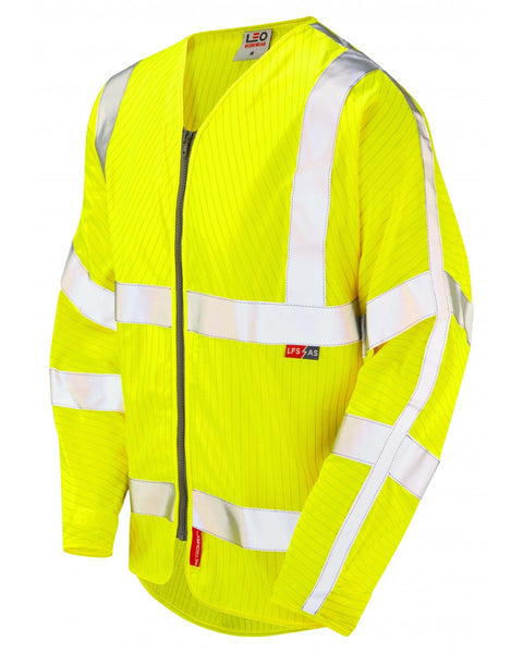 Leo Workwear Huish hi-vis yellow zip top providing Class 3, anti-static, and flame spread protection.