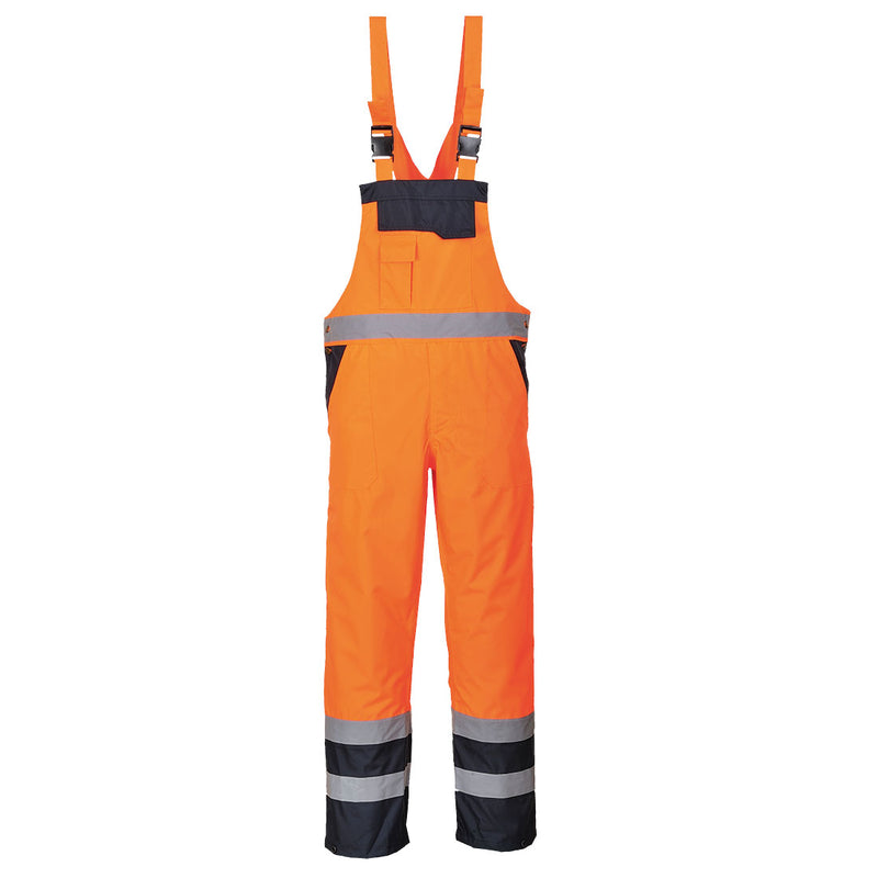 Portwest Hi-Vis Winter Bib and Brace (S489) in orange and navy for cold weather visibility and warmth.
