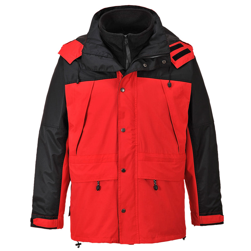 Red Portwest Orkney 3-in-1 Breathable Jacket S532 with storm flap and concealed hood