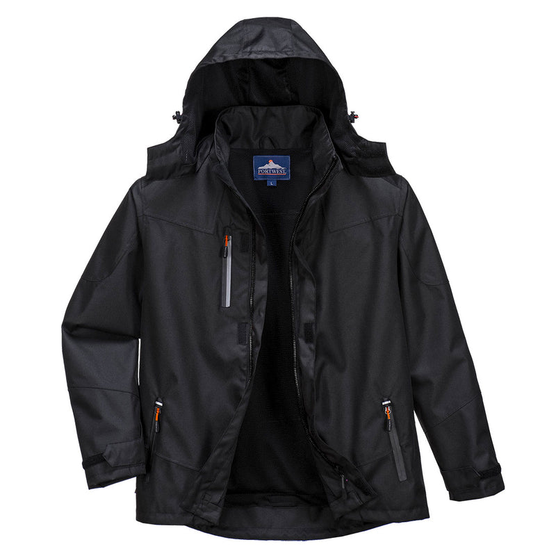 Black Portwest Outcoach Jacket S555 made with waterproof shell and storm guard flap