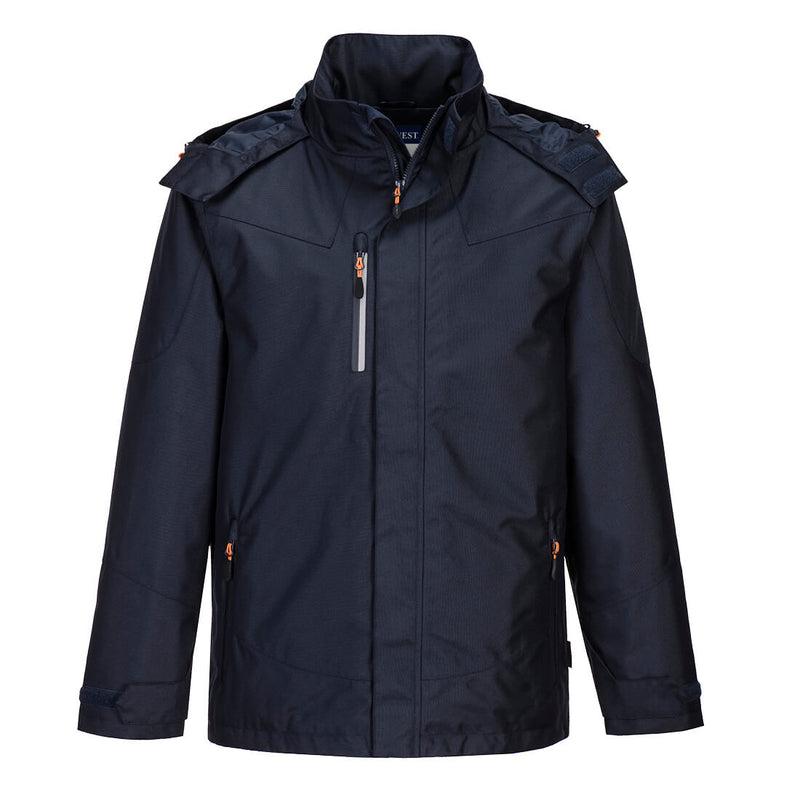 Navy Portwest Outcoach Jacket S555 with mesh lining and foldaway hood for rain protection