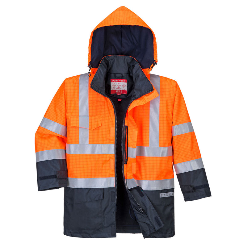 Portwest hi‑vis rain jacket in orange and navy with concealed hood
