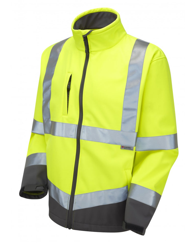 Hi-vis yellow Leo Workwear Buckland softshell jacket with a fleece lining for warmth and comfort.