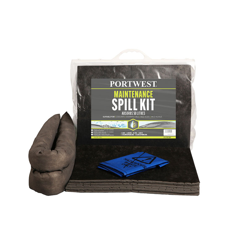 A Portwest 20-litre maintenance spill kit (SM30) packaged in a clear carry bag.