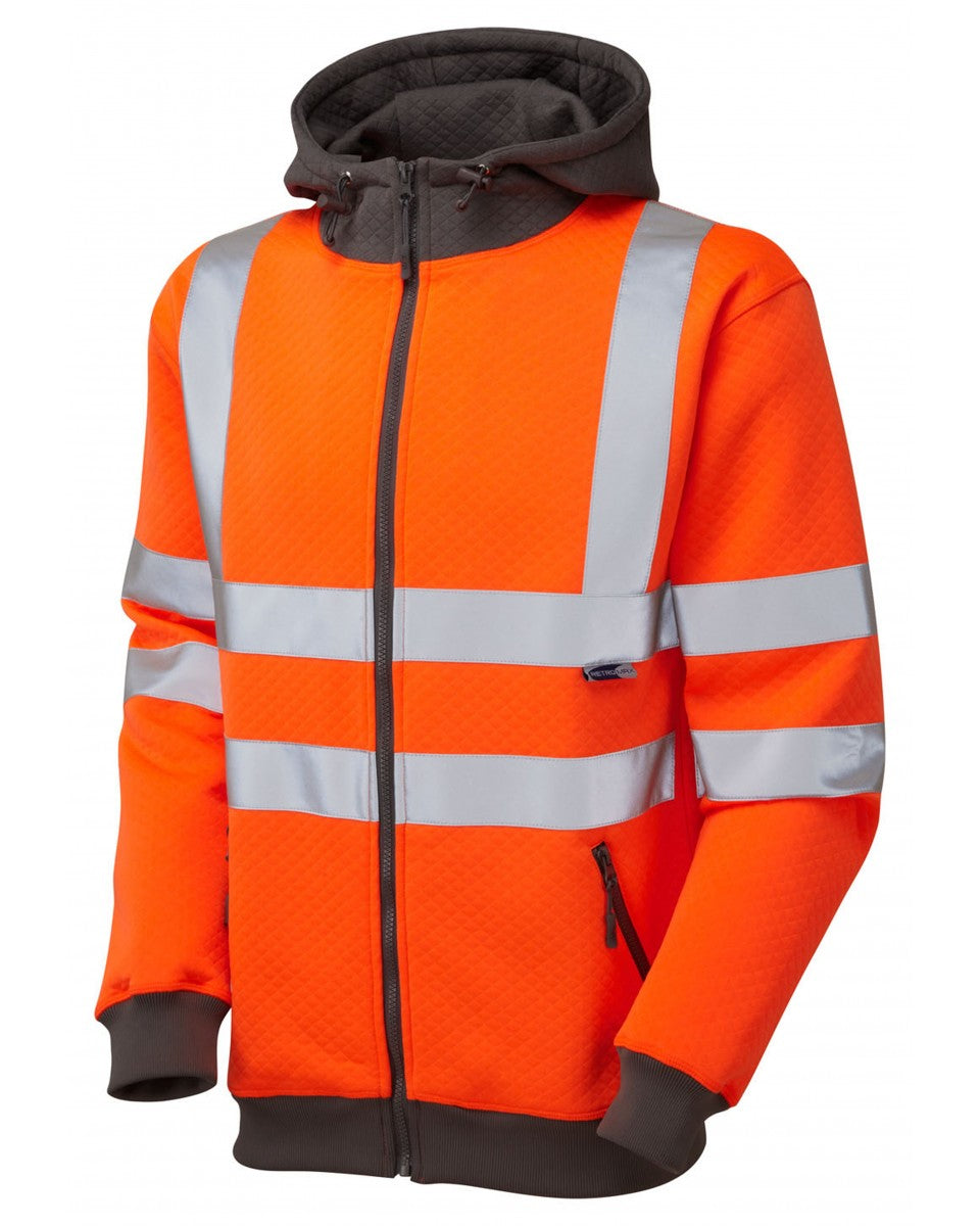 Leo Workwear Saunton Iso 20471 Cl 3 Full Zip Hooded Sweatshirt Hv Orange