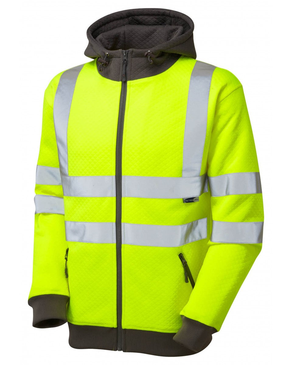 Leo Workwear Saunton Iso 20471 Cl 3 Full Zip Hooded Sweatshirt Hv Yellow