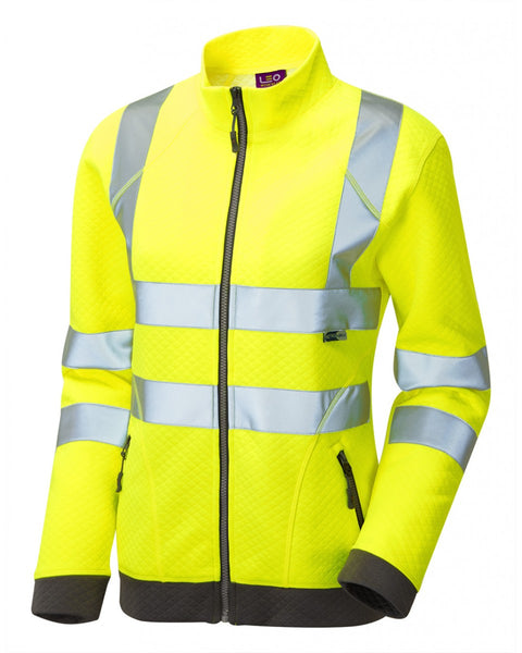 Leo Workwear Hollicombe women's hi-vis yellow zipped sweatshirt, providing Class 2 visibility and warmth.