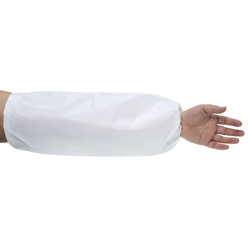 White disposable Portwest Biztex microporous sleeve covers ST43 with elasticated ends.