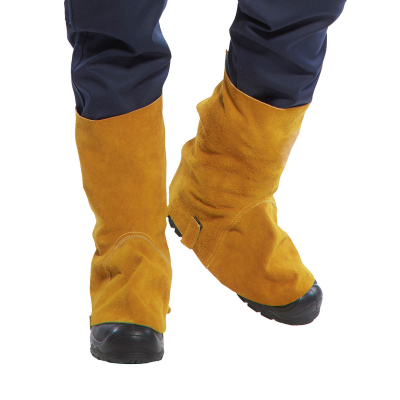 A pair of tan Portwest leather welding boot covers.