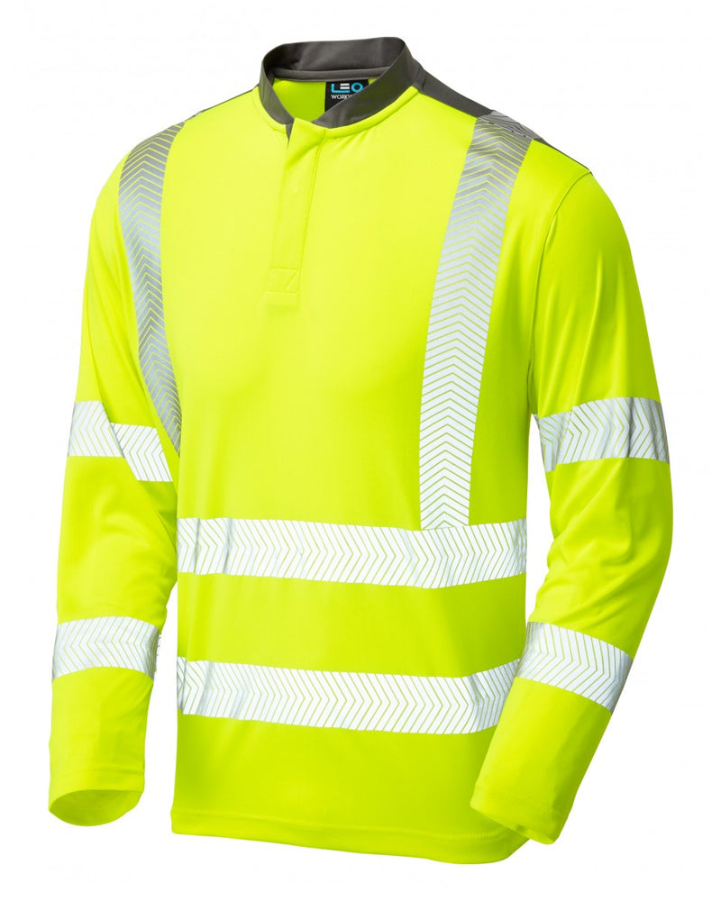 Leo Workwear Capstone long-sleeved hi-vis yellow T-shirt made with breathable Coolviz Plus fabric.