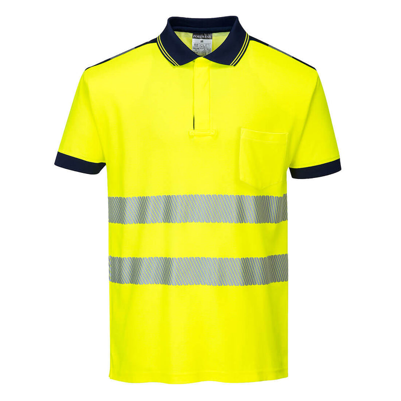 Portwest PW3 Hi-Vis Cotton Comfort Polo Shirt Short Sleeve T180 in Yellow/Navy color
