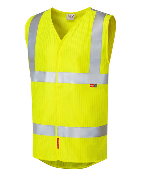 Leo Workwear Clifton LFS waistcoat in hi-vis yellow with limited flame spread and anti-static features.