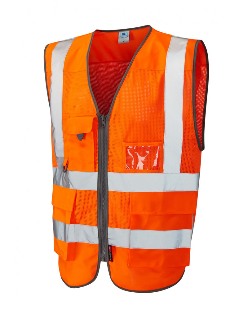 Hi-vis orange Leo Workwear Cobbaton Coolviz waistcoat, made from breathable fabric for superior comfort.