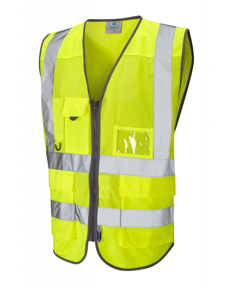 Leo Workwear Cobbaton Coolviz superior waistcoat in hi-vis yellow, designed to keep the wearer cool.