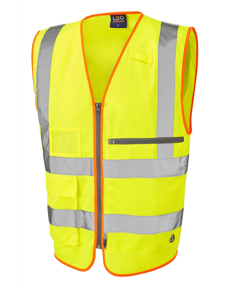 Angled view of the hi-vis yellow Leo Workwear Foreland waistcoat showing the large tablet pocket.