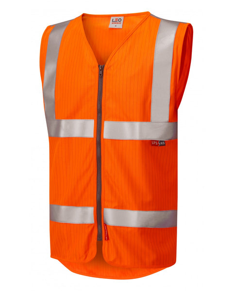 Leo Workwear Jacobstowe waistcoat in hi-vis orange with flame retardant and anti-static properties.