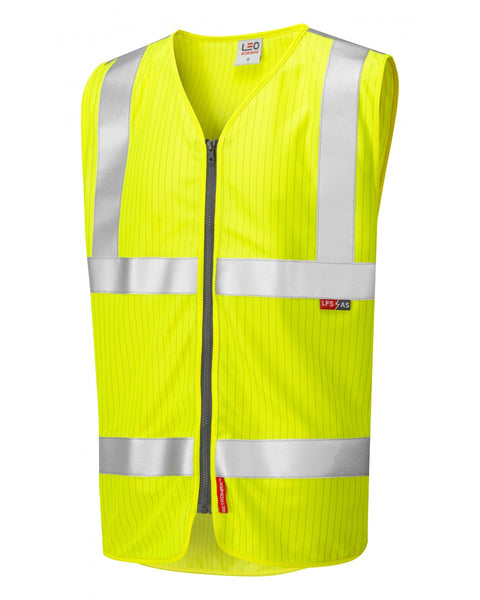 Multi-hazard Leo Workwear Jacobstowe waistcoat in hi-vis yellow for high-risk environments.
