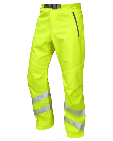 Leo Workwear Landcross hi-vis yellow stretch work trousers.