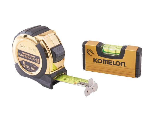 Komelon 5m (16ft) Gold PowerBlade II Tape with Gold Mini Level