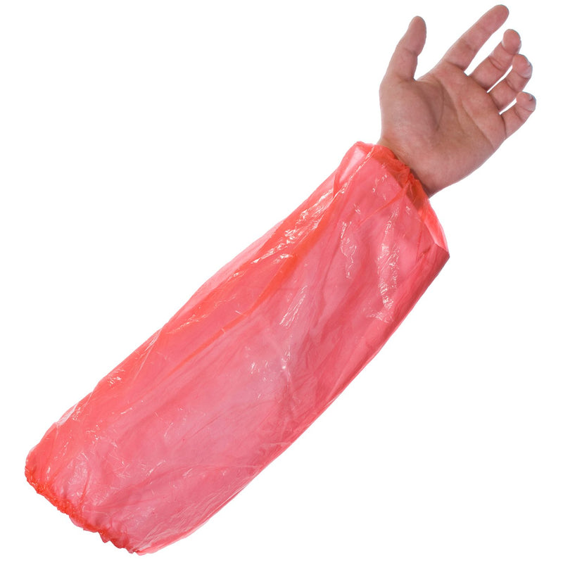 Red PE disposable oversleeves, lightweight and waterproof, perfect for food industry and wet work.
