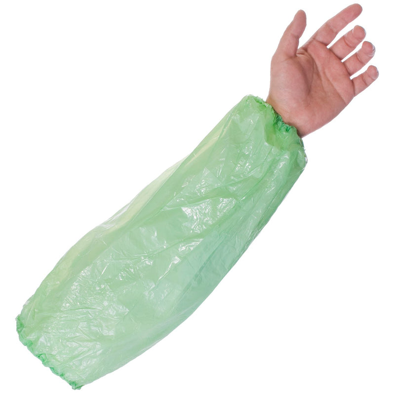 Green PE disposable oversleeves, colour-coded for hygiene, suitable for catering and cleaning tasks.