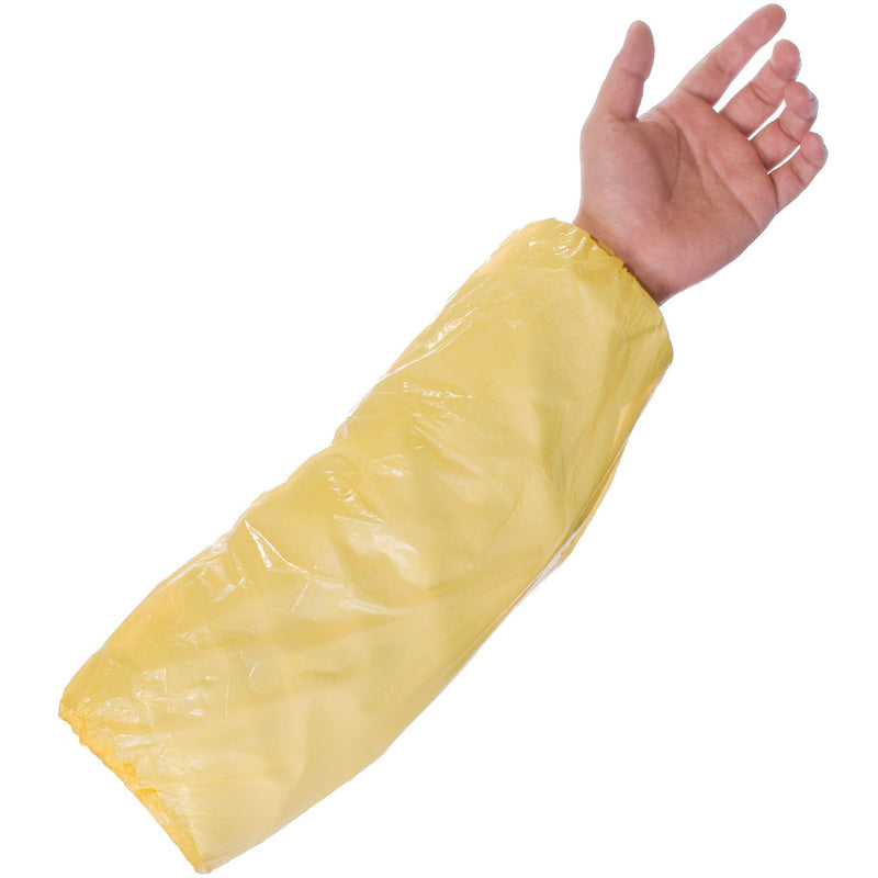 Yellow PE disposable oversleeves, colour-coded protection for food processing and cleaning environments.