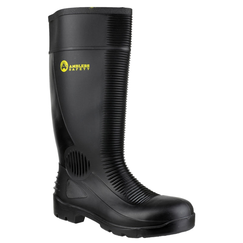 Amblers FS100 construction safety wellington in black with yellow sole.