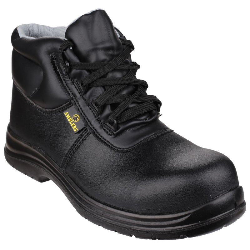 Amblers FS663 safety boot in black leather, shown from a three-quarter angle.
