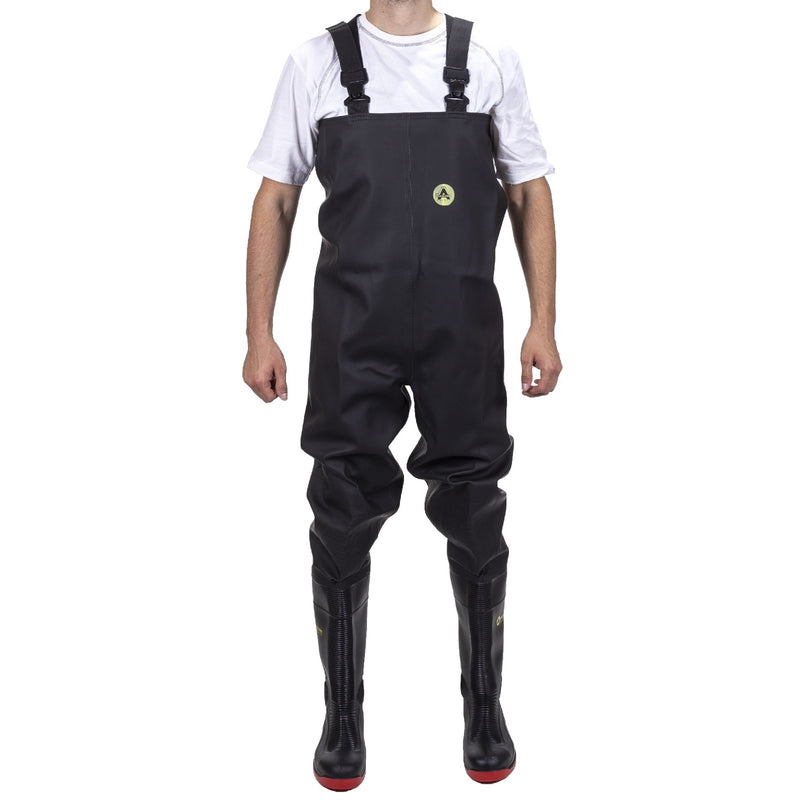 Full view of the Amblers Danube chest safety wader in green.