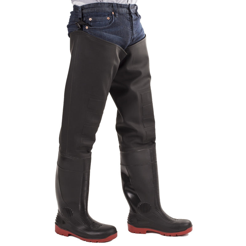 Amblers Rhone thigh safety wader in green, full length view.