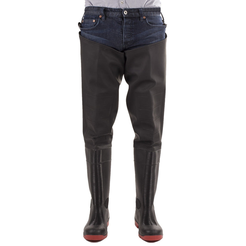 Close-up of the safety boot and lower leg of the Amblers Rhone thigh wader.