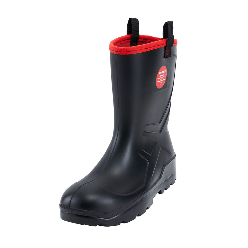 Tan PU rigger-style safety wellington boot with a steel toe.