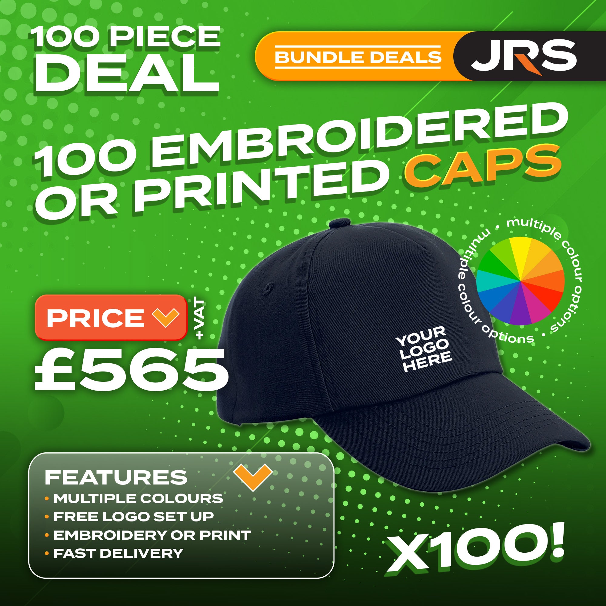 100x Embroidered/Printed Caps Bundle Deal with Free Company/Club Logo