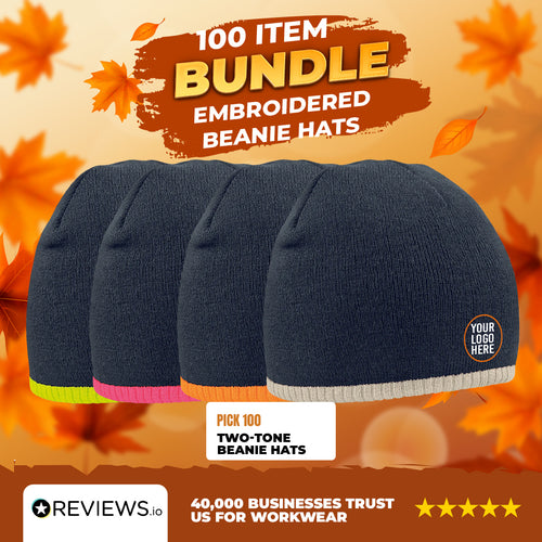100x Two-Tone Embroidered Beanie Hats with Company Logo