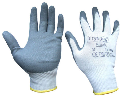 Ansell HyFlex 11-800 grey and white foam coated general purpose glove.