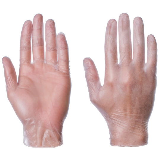 A box of Supertouch clear powder-free vinyl disposable gloves.