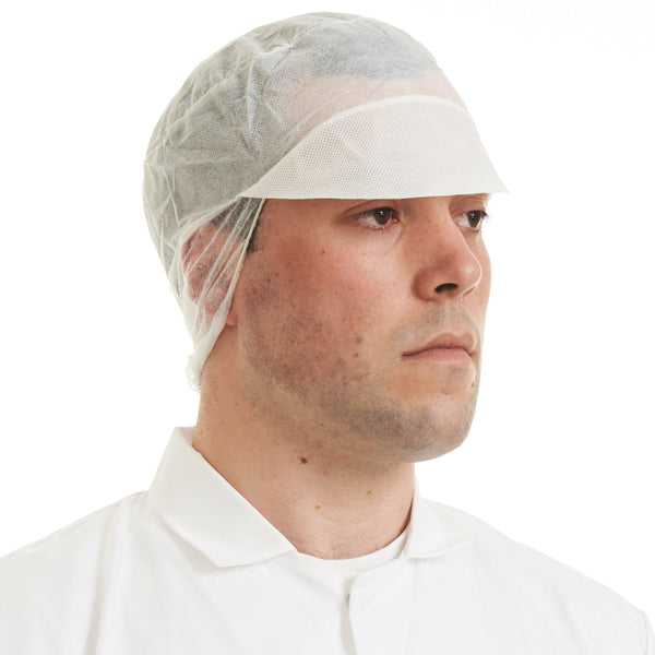 White non-woven snood cap ensuring full hair coverage for food handling and workplace hygiene.