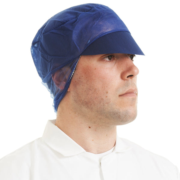 Blue non-woven snood cap designed for secure hair containment and comfort in the food industry.