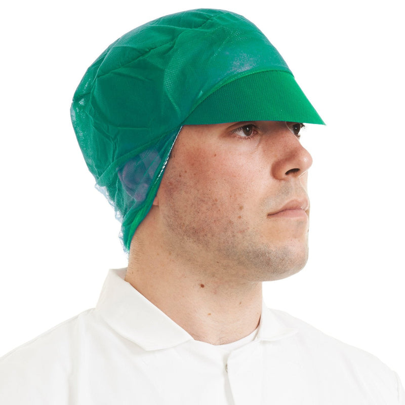 Detailed view of a green non-woven snood cap suitable for food processing and hygienic workplaces.