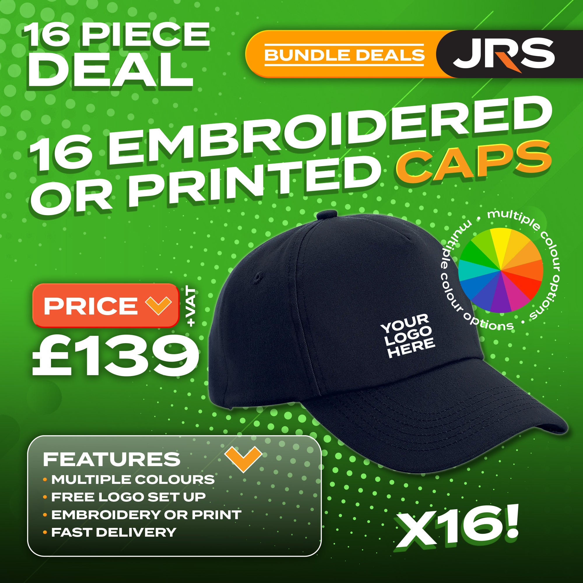 16x Embroidered/Printed Caps Bundle Deal with Free Company/Club Logo